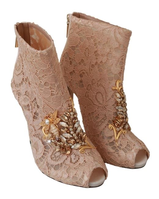 Dolce & Gabbana Brown Crystal Lace Booties Stilettos Shoes