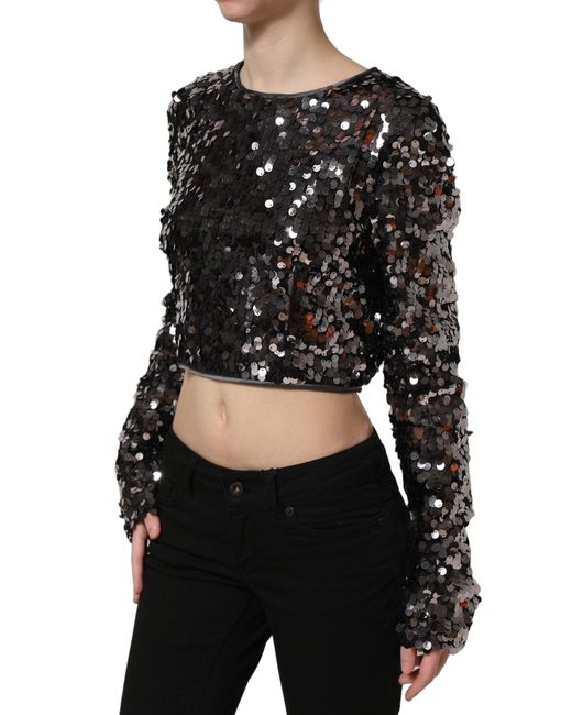 Dolce & Gabbana Black Sequined Long Sleeves Crop Blouse Top Nylon