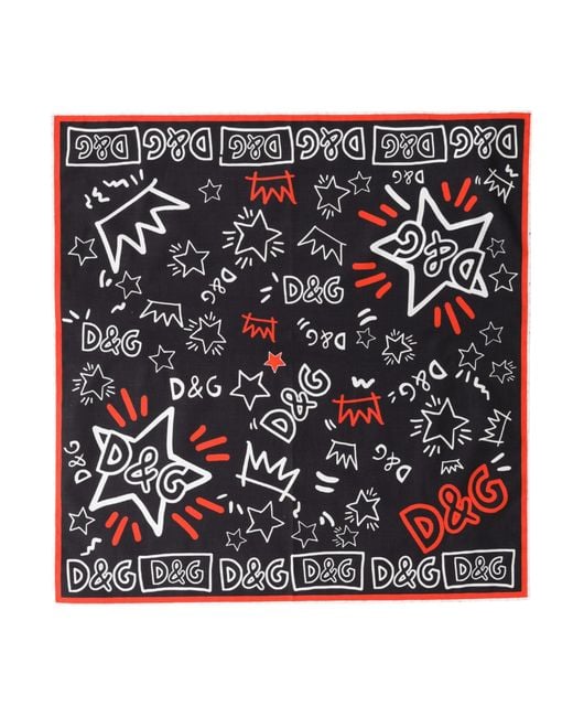 Dolce & Gabbana Black Dg Crown Cotton Foulard 47Cm X 46Cm Scarf