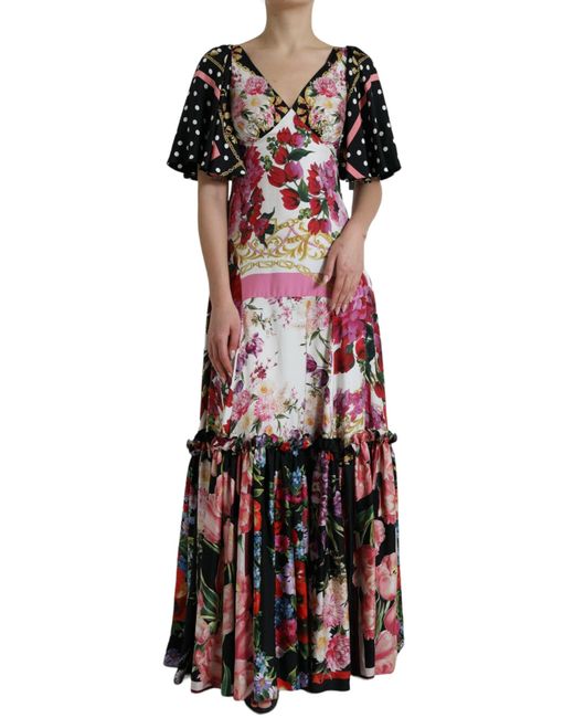 Dolce & Gabbana Red Multicolor Floral Print Silk Twill Gown Dress