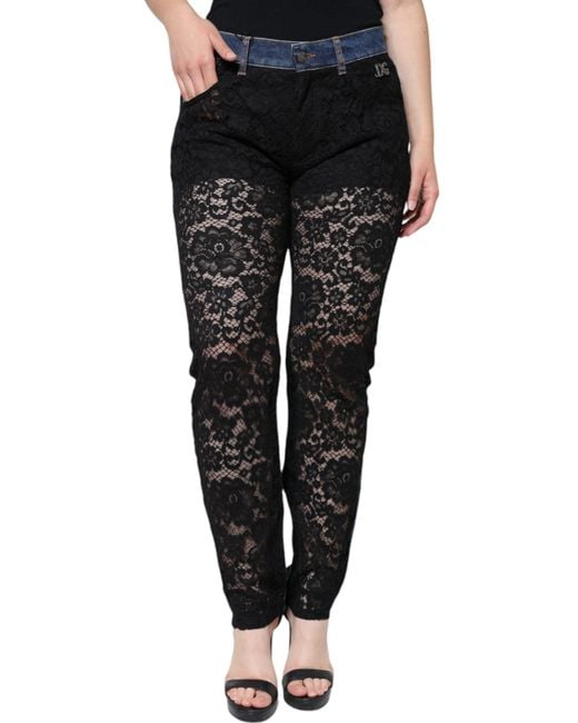 Dolce & Gabbana Black Floral Lace Front Skinny Denim Jeans