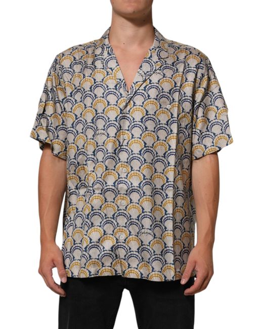 Dolce & Gabbana Gray Cream Cotton Silk Hawaii Scallop Shell Print Shirt for men