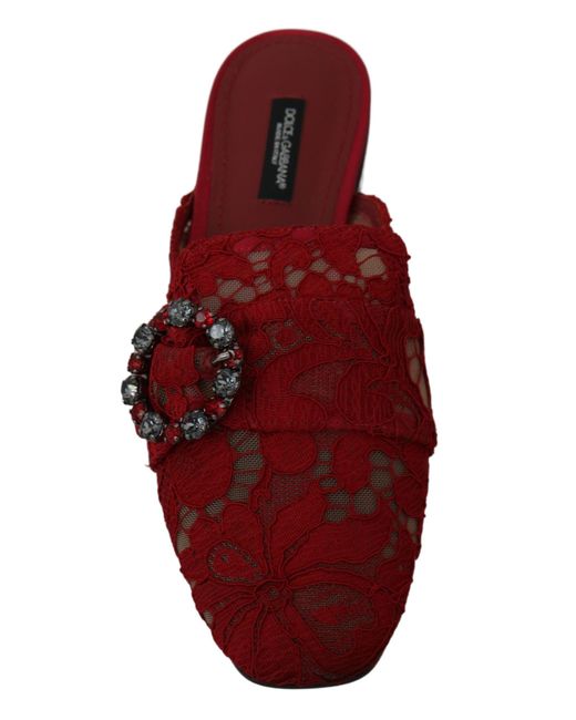 Dolce & Gabbana Red Lace Crystal Slide On Flats Shoes