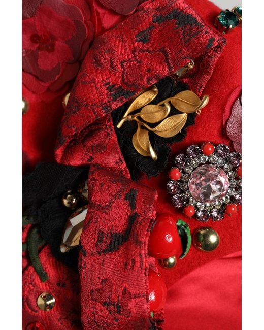 Dolce & Gabbana Red Crystal Gold Roses Brooch Embellished Hat for men