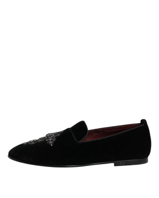 Dolce & Gabbana Black Velvet Embellished Loafer Slip On Shoes for men