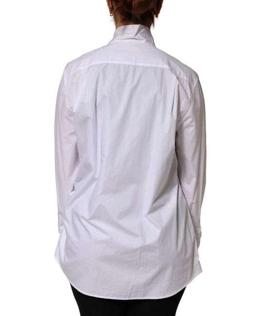 Dolce & Gabbana Blue White Cotton Bow Tie Long Sleeves Blouse Top