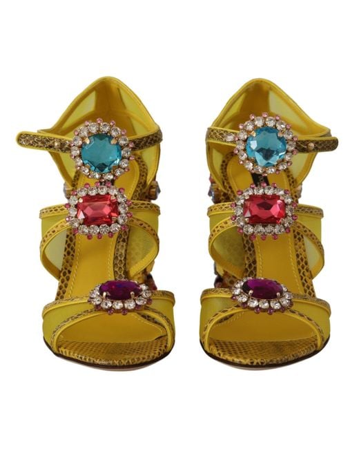 Dolce & Gabbana Green Yellow Leather Crystal Ayers Sandals Shoes