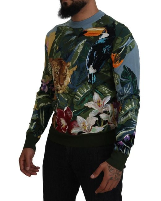 Dolce & Gabbana Black Jungle Embroidered Wool Silk Sweater for men