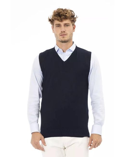 Alpha Studio Blue Chic V-neck Ribbed Knit Vest In Elegant for men