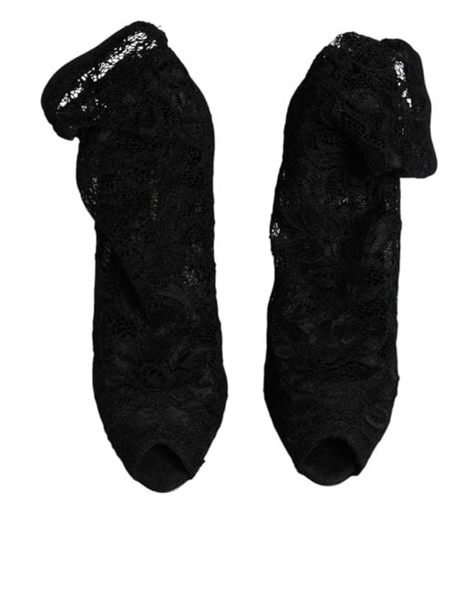 Dolce & Gabbana Black Lace Stretch Heels Mid Calf Boots Shoes