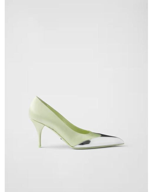 Prada Green Satin And Metallic Leather Pumps