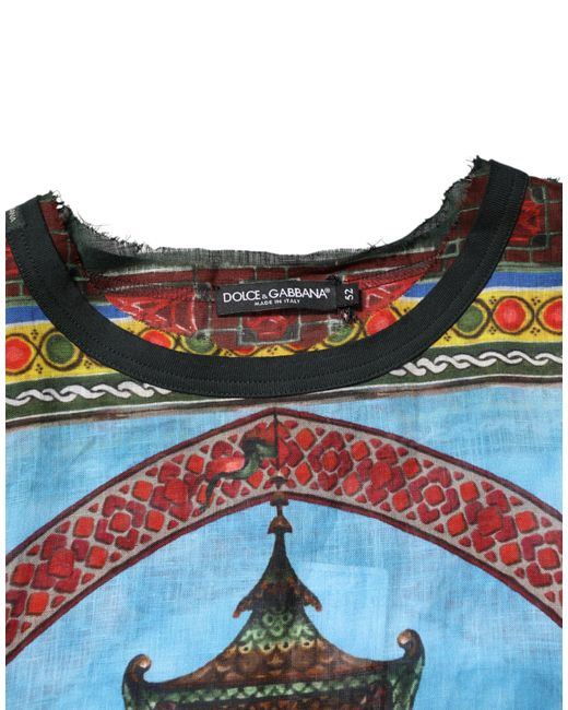Dolce & Gabbana Blue Multicolor Cotton Linen Temple Print T for men
