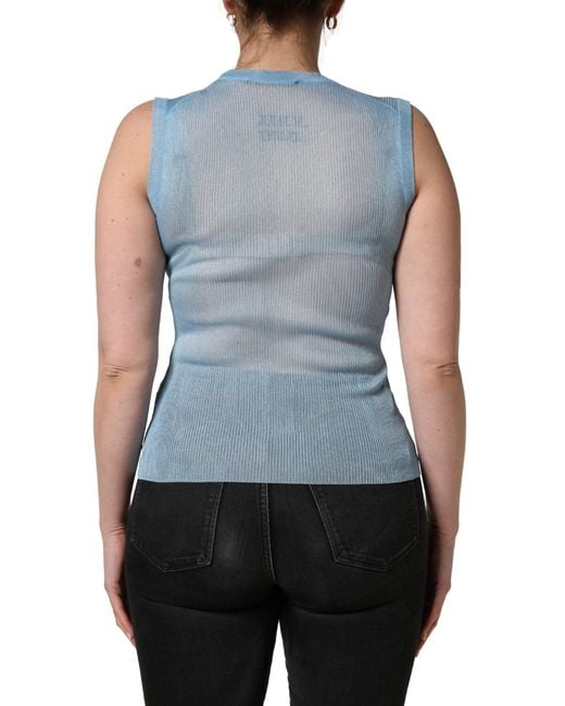 Dolce & Gabbana Blue Semi Sheer Ribbed Sleeveless Tank Top Polyester