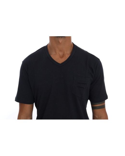 Daniele Alessandrini Black Cotton V-neck T-shirt Blue Tsh1321 for men