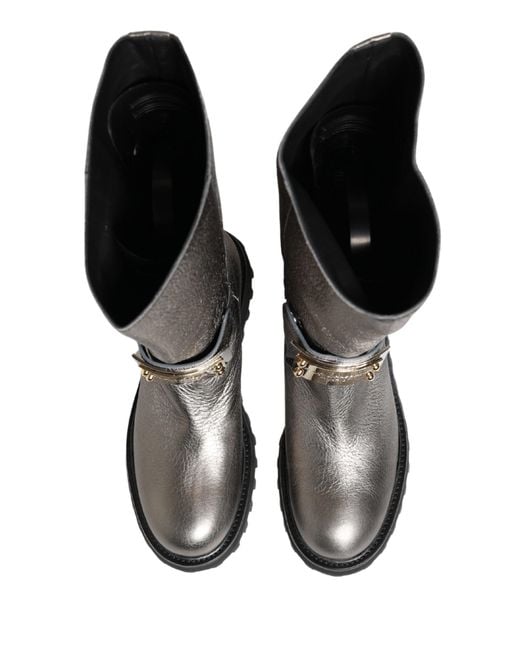 Dolce & Gabbana Gray Metallic Silver Leather Mid Calf Boots Shoes for men