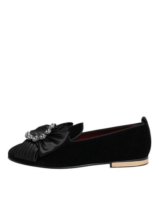 Dolce & Gabbana Black Vaticano Crystal Ribbon Slip On Shoes