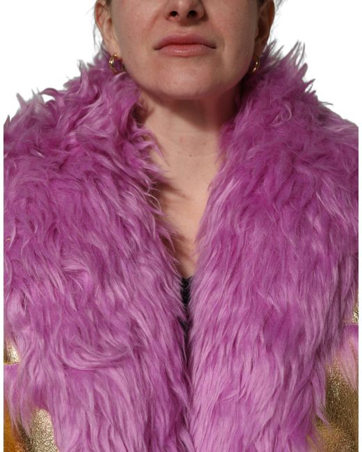 Dolce & Gabbana Purple Pink Plush Faux Fur Gold Leather Coat Jacket
