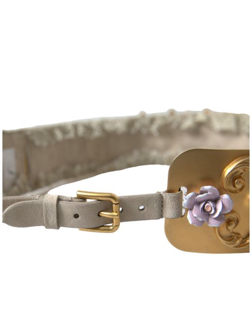 Dolce & Gabbana Natural Gold Brass Faux Pearl Floral Embellished Belt