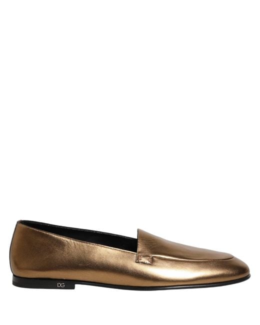 Dolce & Gabbana Brown Gold Leather Dg Logo Slip On Men Loafers Shoes for men