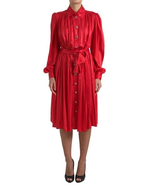 Dolce & Gabbana Red Button Down Belted Midi Satin Silk Dress