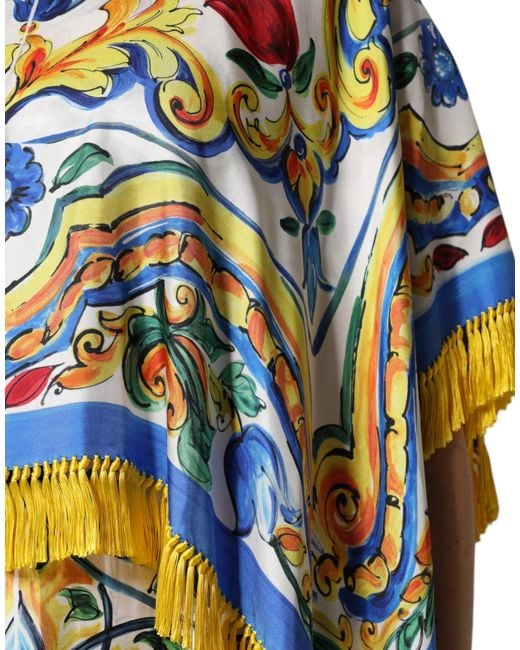 Dolce & Gabbana Blue Multicolor Majolica Kaftan Short Sleeves Maxi Dress