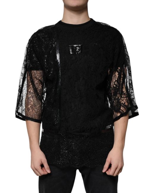 Dolce & Gabbana Black Nylon Floral Lace Crew Neck T-Shirt for men