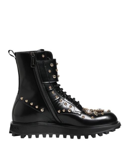 Dolce Gabbana Women's Black Studded Lace Up Mid Calf Boots Shoes