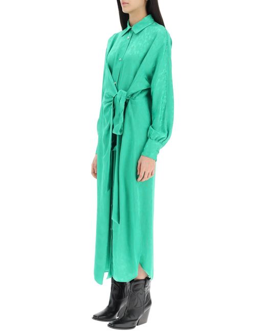 MSGM Green Jacquard Satin Shirt Dress