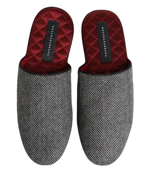 Dolce & Gabbana White Grey Herringbone Cashmere Red Slippers Shoes for men