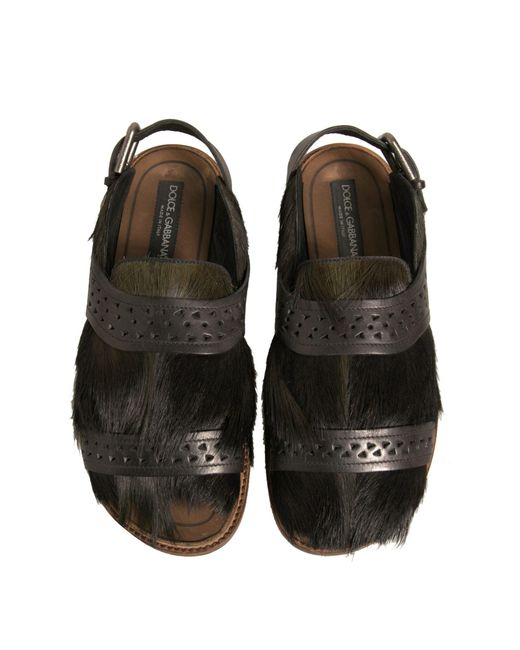 Dolce & Gabbana Black Gazelle Hair Leather Flats Sandals Shoes for men