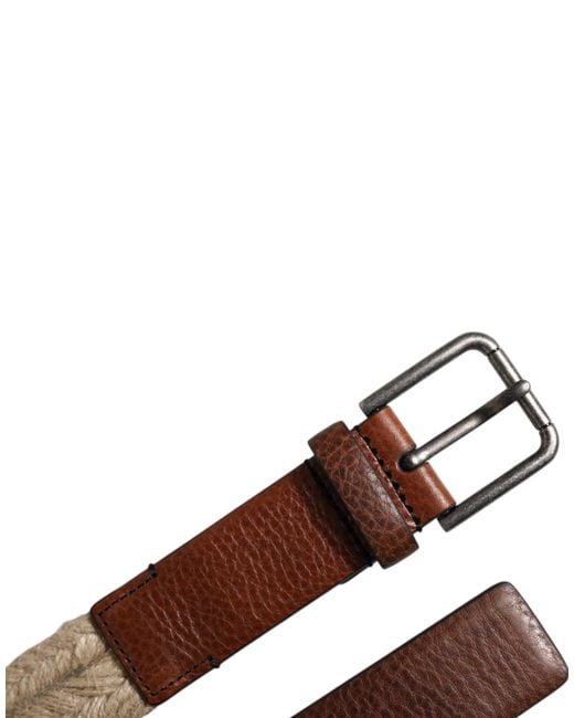 Dolce & Gabbana Brown Jute Leather Woven Metal Buckle Belt for men