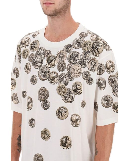 Dolce & Gabbana White Oversized T-Shirt With All-Over 'Monete' Print for men