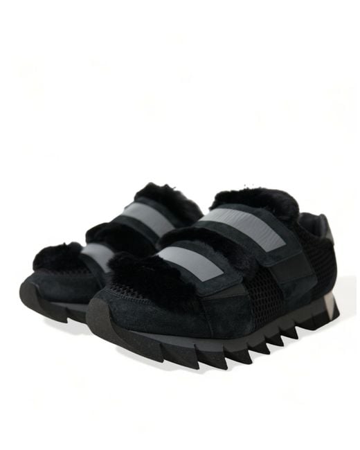 Dolce & Gabbana Black Fur Embellished Suede Sneakers Shoes for men