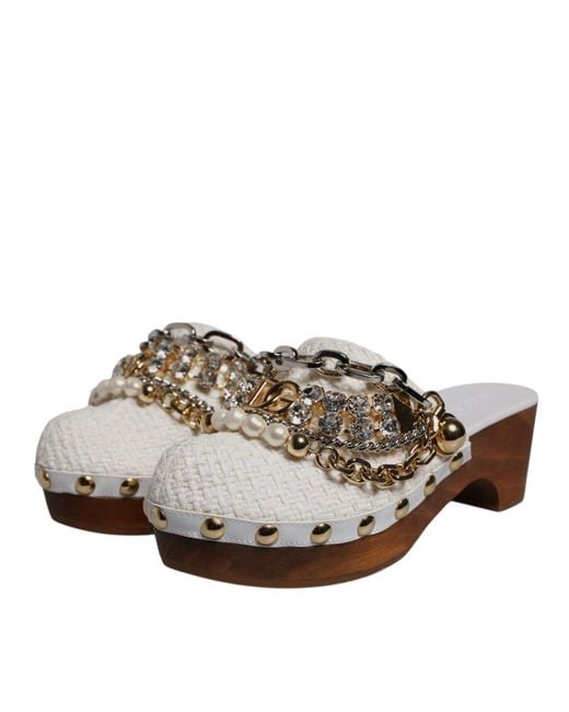 Dolce & Gabbana Brown Woven Platform Clogs With Chain Detail