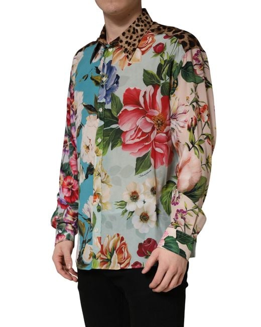 Dolce & Gabbana Multicolor Floral Animal Print Collared Shirt for men