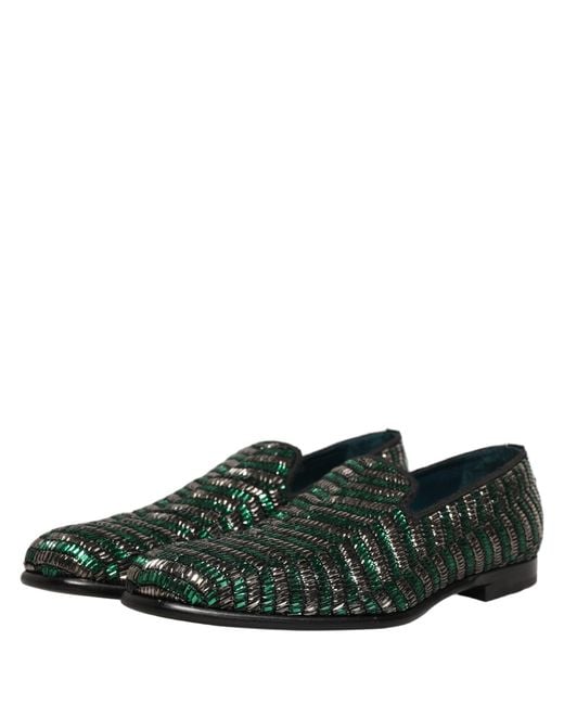 Dolce & Gabbana Silver Green Embellished Dress Loafers Shoes for men