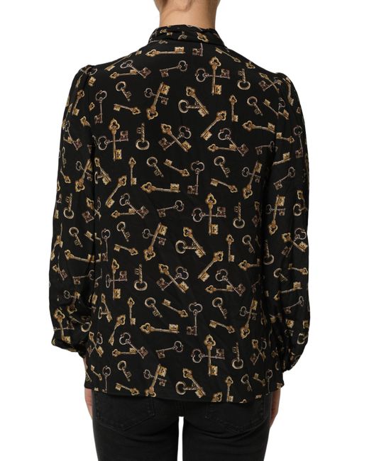 Dolce & Gabbana Black Keys Print Silk Tie Neck Blouse Top
