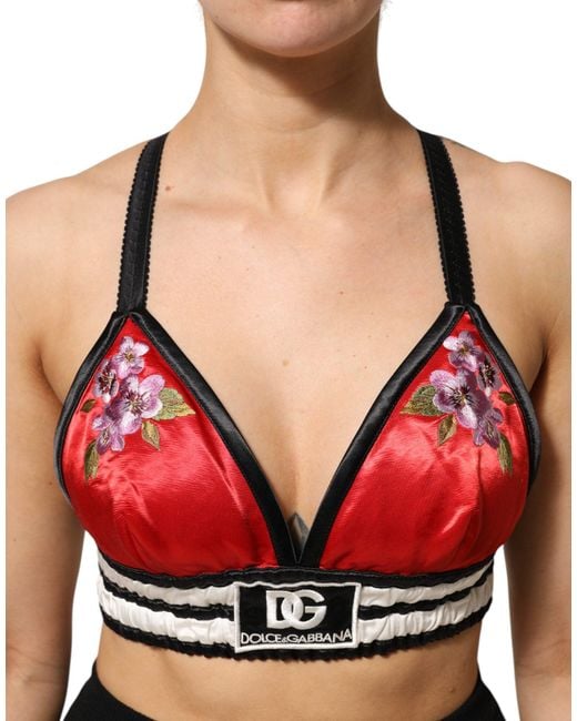 Dolce & Gabbana Red Satin Floral Embroidered Bralette Crop Top