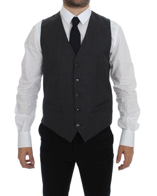 Dolce & Gabbana Black Dolce Gabbana Striped Wool Single Breasted Vest for men