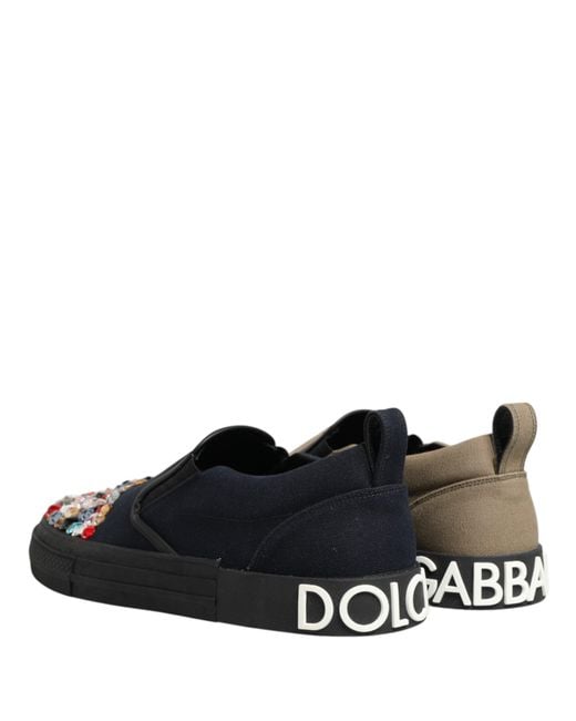 Dolce & Gabbana Black Blue Canvas Embellished Slip On Men Sneakers Shoes for men