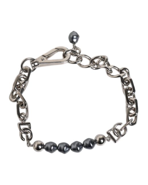 Dolce & Gabbana Metallic Tone Chain Lobster Clasp Logo Pearls Bracelet for men