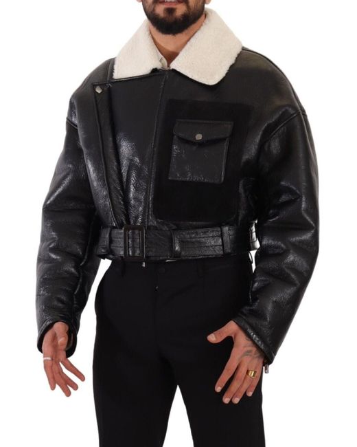 Dolce & Gabbana Black Leather Shearling Biker Coat Jacket Lamb Leather for men