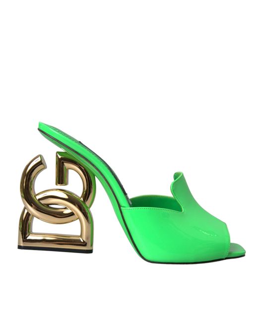 Dolce & Gabbana Green Neon Leather Logo Heels Sandals Shoes