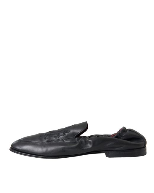 Dolce & Gabbana Black Logo Embroidered Leather Loafer Dress Shoes for men