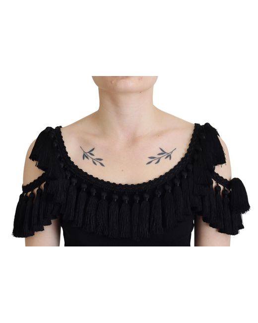 Dolce & Gabbana Black Tank Top Tassle Cotton Blouse
