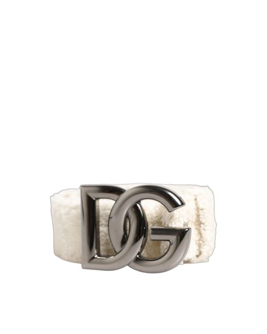 Dolce & Gabbana White Cotton Fleece Dg Logo Metal Buckle Belt