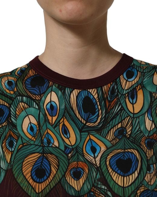Dolce & Gabbana Blue Burgundy Peacock Feather Round Neck T