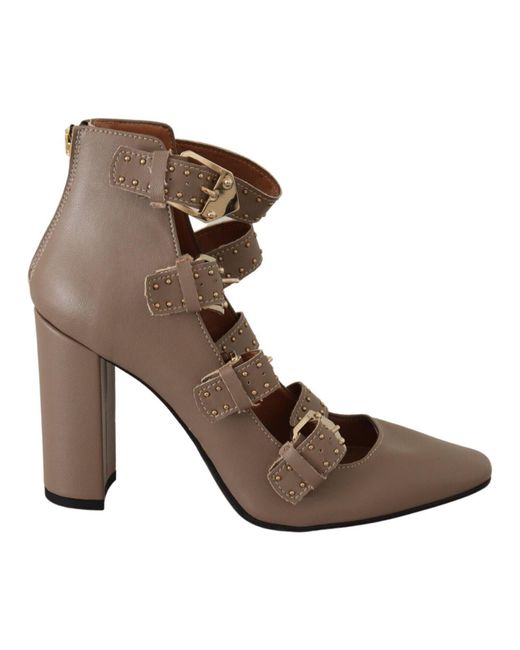My Twin Brown Elegant Leather Multi-Buckle Heels