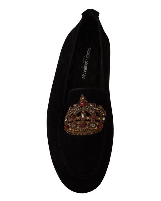 Dolce & Gabbana Black Dolce Gabbana Leather Crystal Gold Crown Loafers Shoes for men