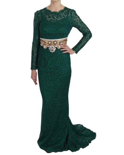 Dolce & Gabbana Green Crystal Gold Belt Lace Sheath Gown Dress